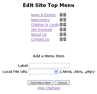 Edit Site Top Menu page